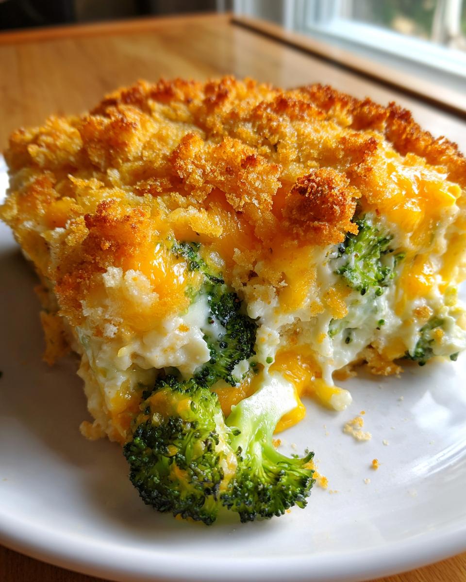 Close-up of a serving of broccoli cheese casserole showing melted cheddar and a golden, crunchy breadcrumb topping.