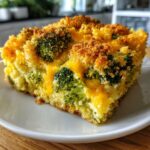 A close-up shot of a generous slice of broccoli cheese casserole featuring bright green broccoli florets, melted cheddar cheese, and a golden crumb topping.