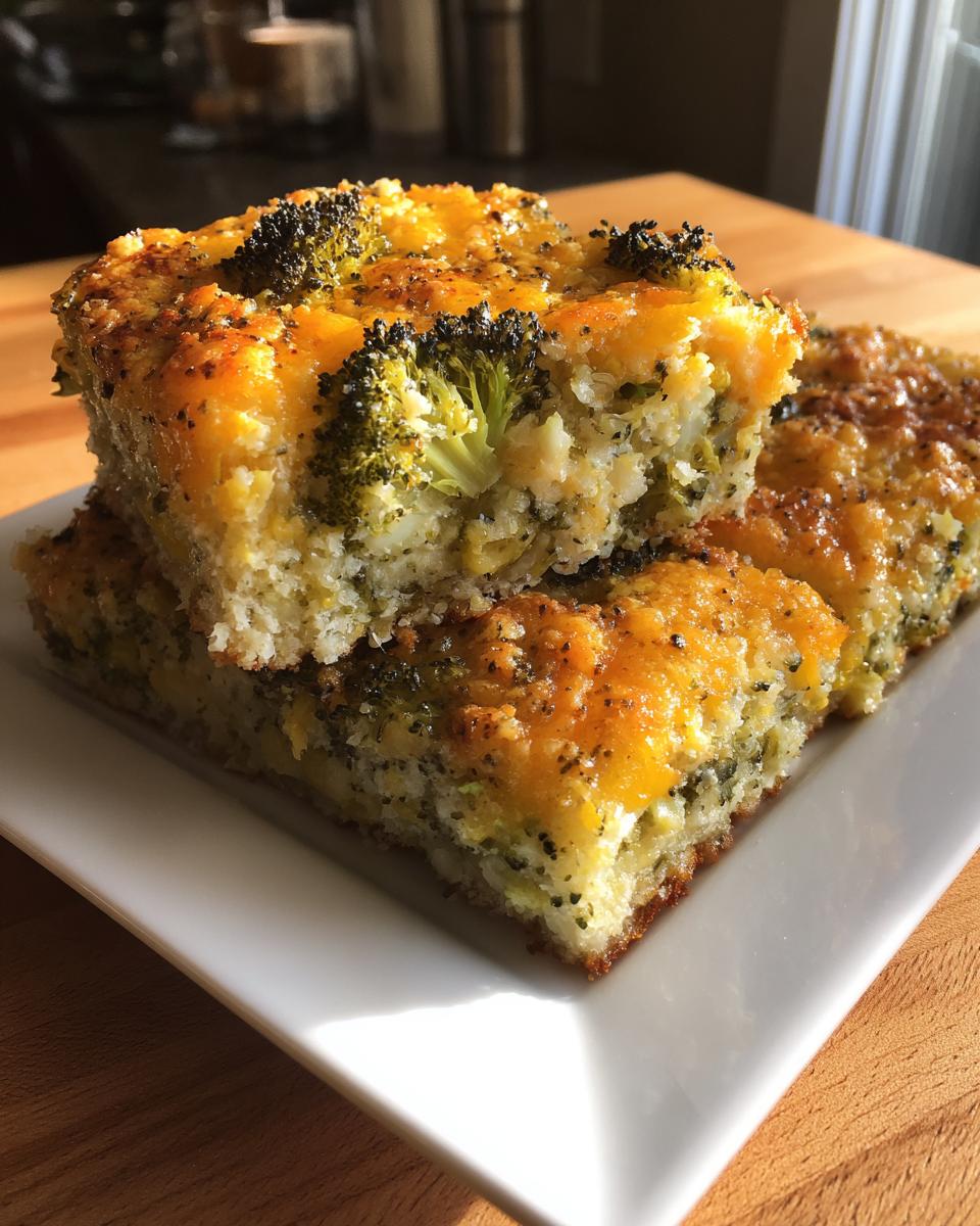 Two stacked squares of golden-brown broccoli cheese casserole with melted cheddar topping.
