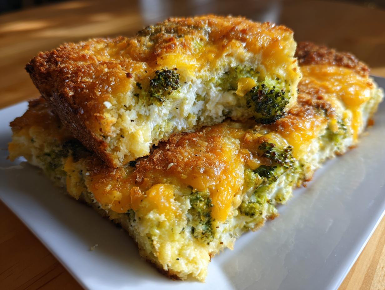 Two stacked slices of baked broccoli cheese casserole showing melted cheddar and green broccoli florets.