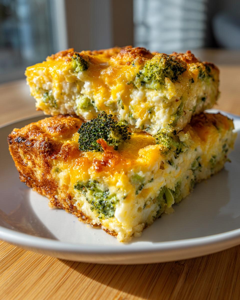 Two stacked squares of baked broccoli cheese casserole topped with melted cheddar cheese and visible broccoli florets.