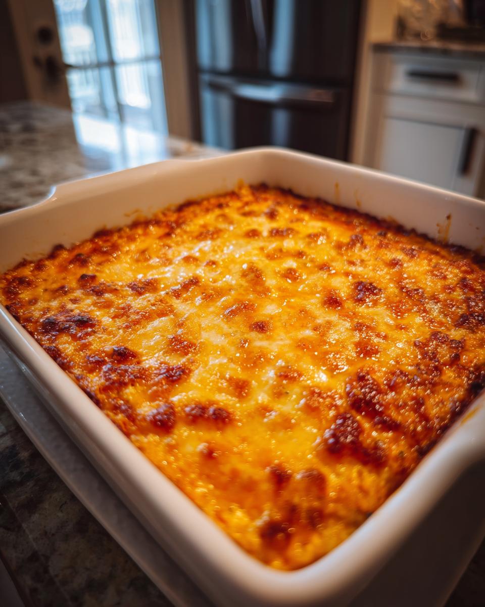 Close-up of a hot, bubbly, and perfectly browned Buffalo chicken dip in a white square baking dish.