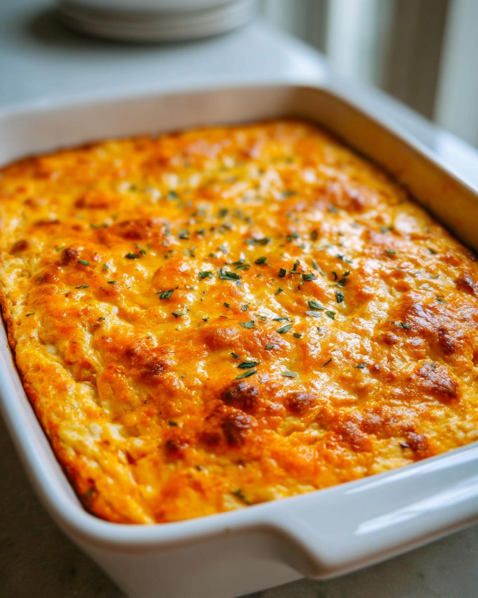 Close-up of hot, cheesy Buffalo chicken dip baked to a golden brown in a white baking dish.