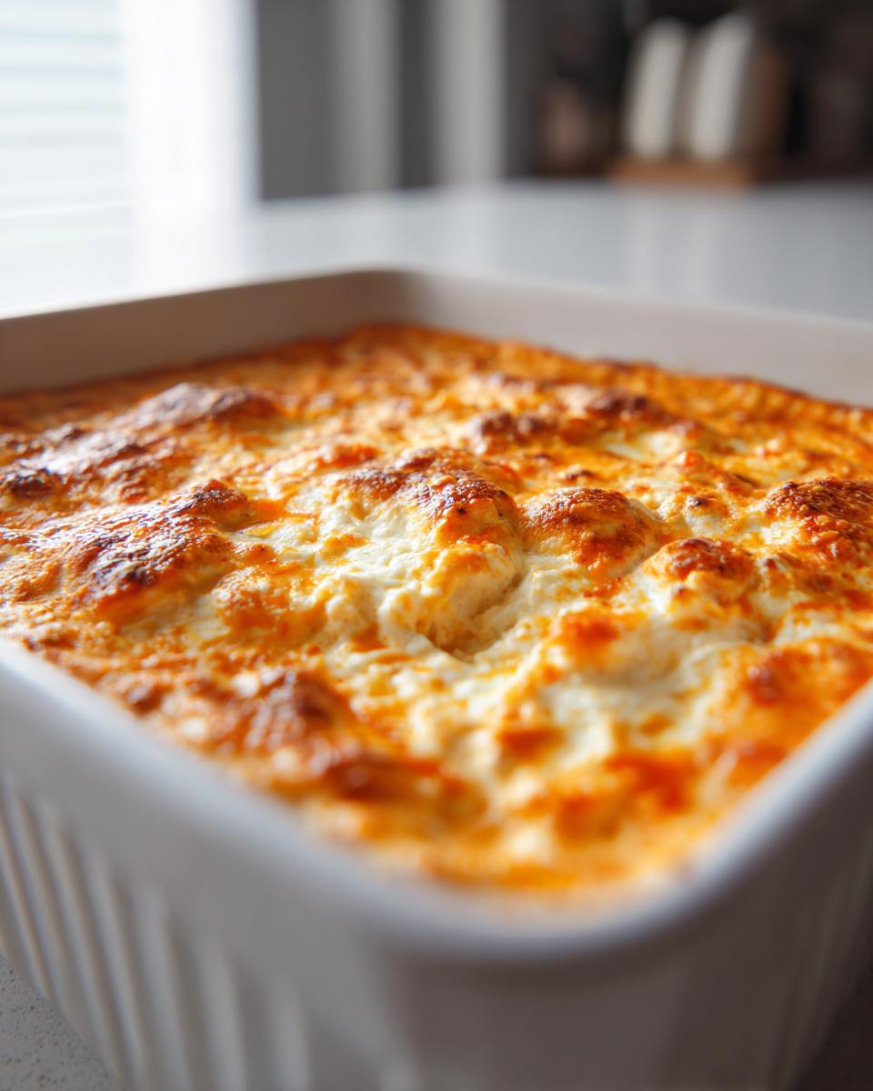 Close-up of bubbling, golden-brown Buffalo chicken dip baked in a white ceramic dish.