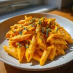 A bowl of vibrant orange butternut squash pasta (penne) topped with fresh, chopped sage leaves.