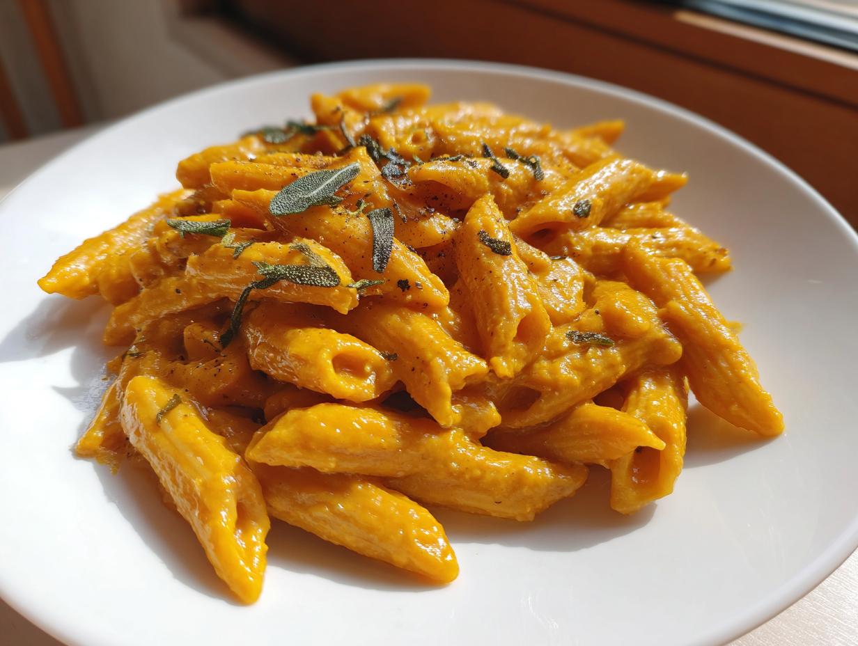 Close-up of creamy, orange butternut squash pasta (penne) topped with fried sage leaves on a white plate.