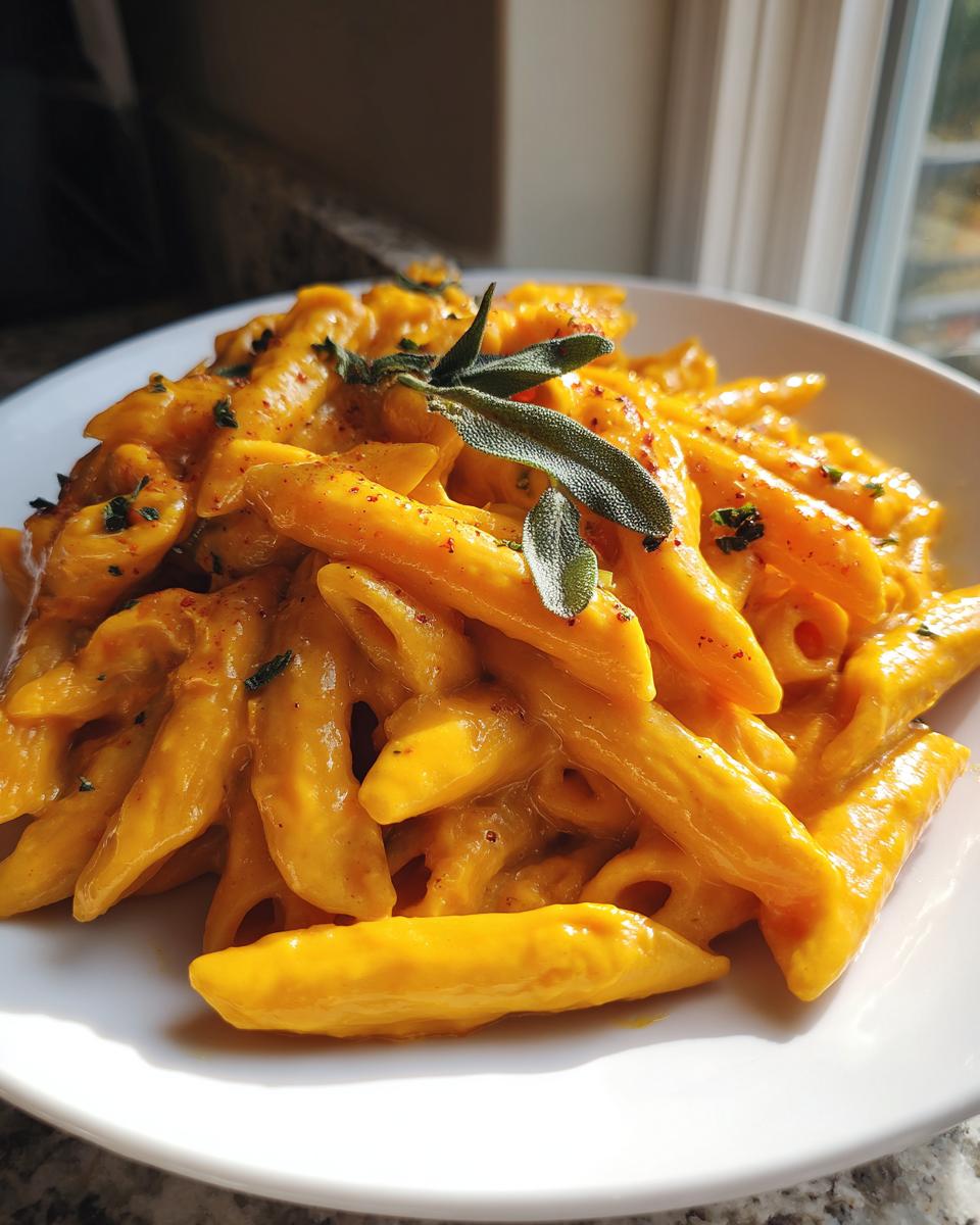 Close-up of penne pasta coated in a rich, orange butternut squash pasta sauce, garnished with fresh sage leaves.