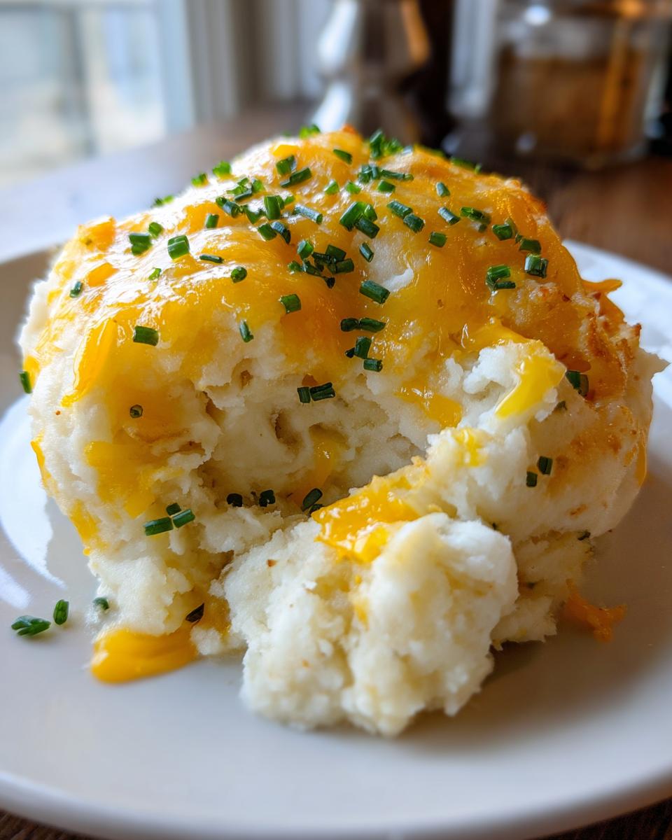 A scoop of fluffy baked mashed potatoes topped with melted cheddar cheese and fresh green chives.