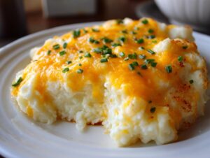 A serving of creamy baked mashed potatoes topped with melted cheddar cheese and fresh green chives.