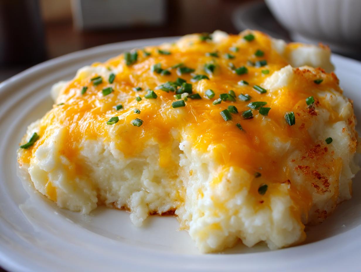 A serving of creamy baked mashed potatoes topped with melted cheddar cheese and fresh green chives.