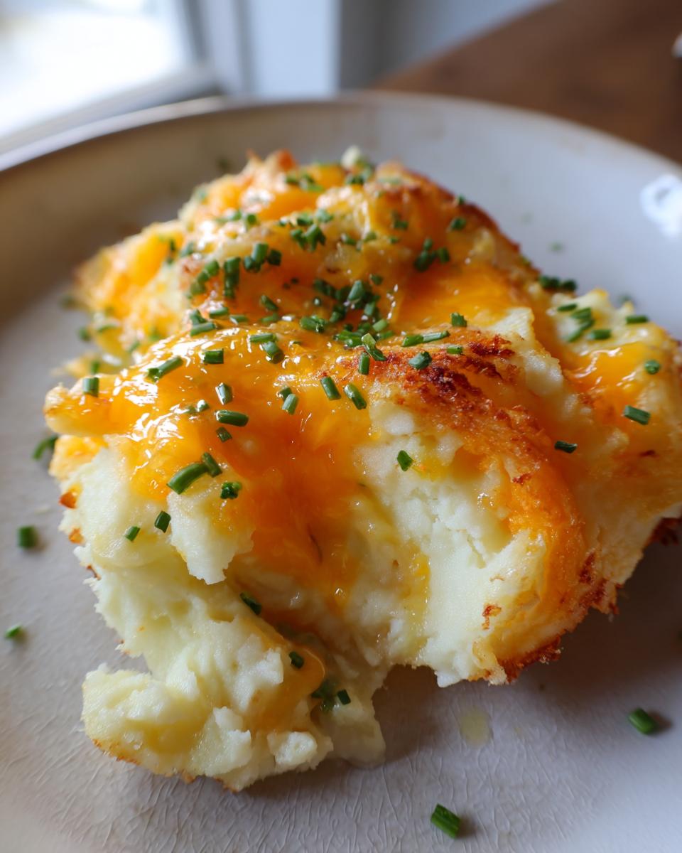 A scoop of creamy baked mashed potatoes topped with melted cheddar cheese and fresh chives.