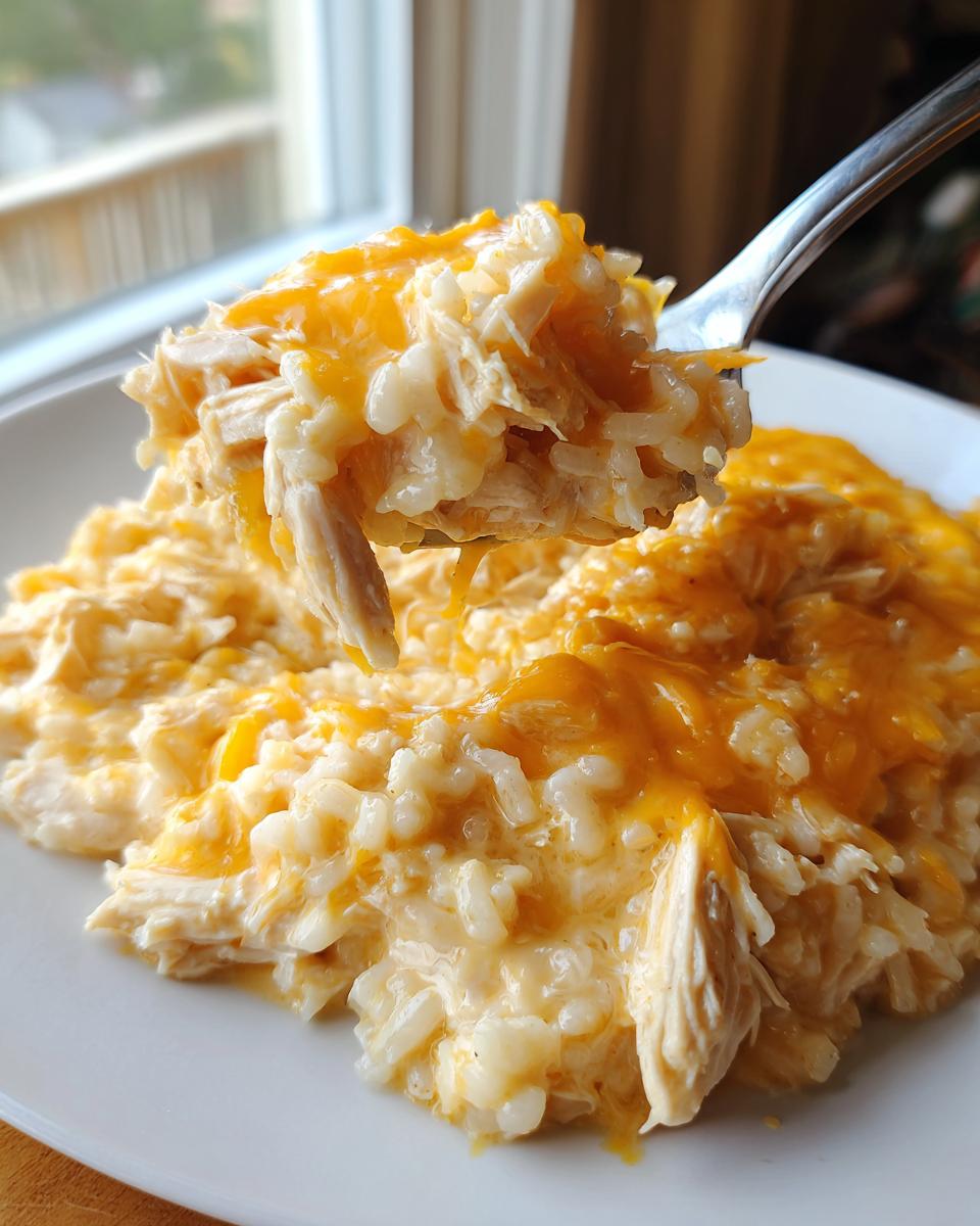 A fork lifts a generous scoop of creamy, cheesy chicken and rice casserole from a white plate.