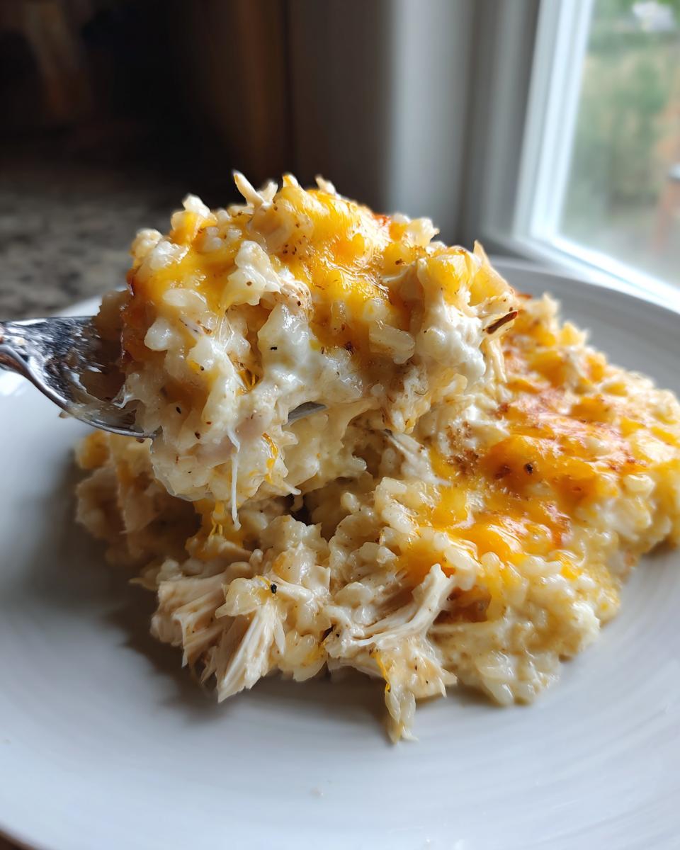 A fork lifts a portion of creamy, cheesy chicken and rice casserole topped with melted cheddar cheese.