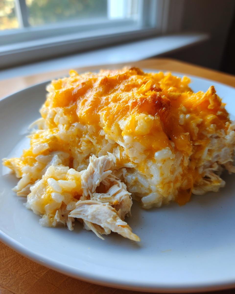 A close-up serving of cheesy chicken and rice casserole topped with melted cheddar cheese.