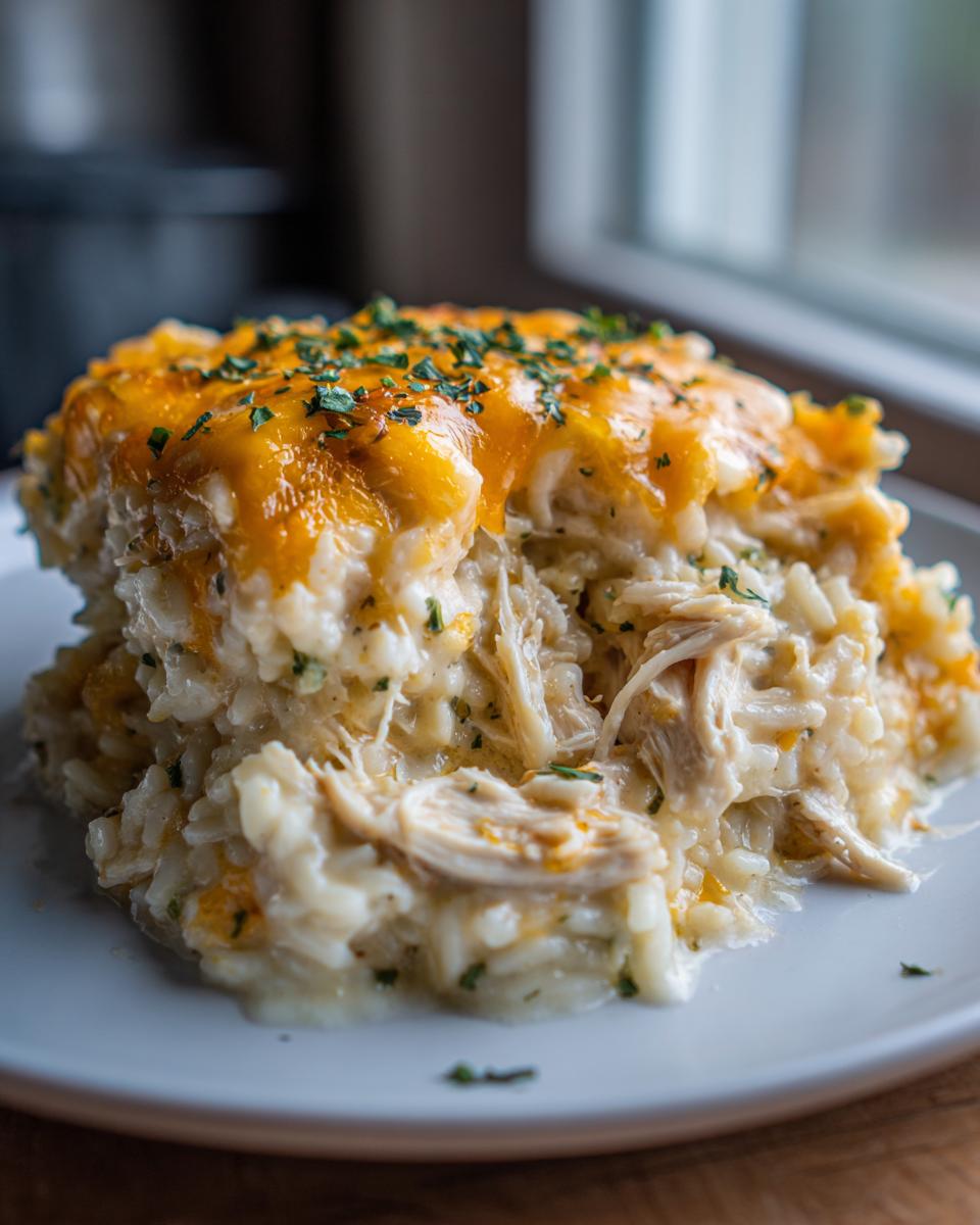 A generous serving of creamy cheesy chicken and rice topped with melted cheddar and parsley.