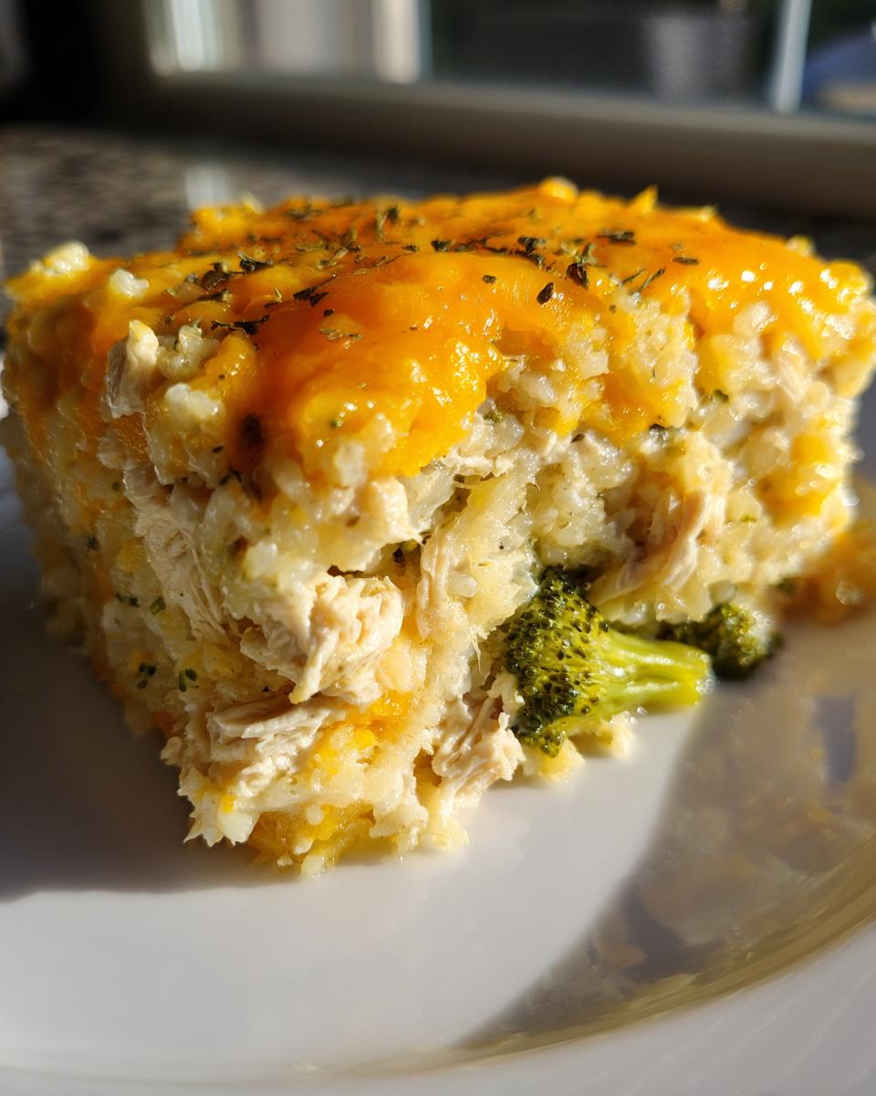 Close-up of a hearty slice of chicken and broccoli rice casserole topped with melted cheddar cheese.