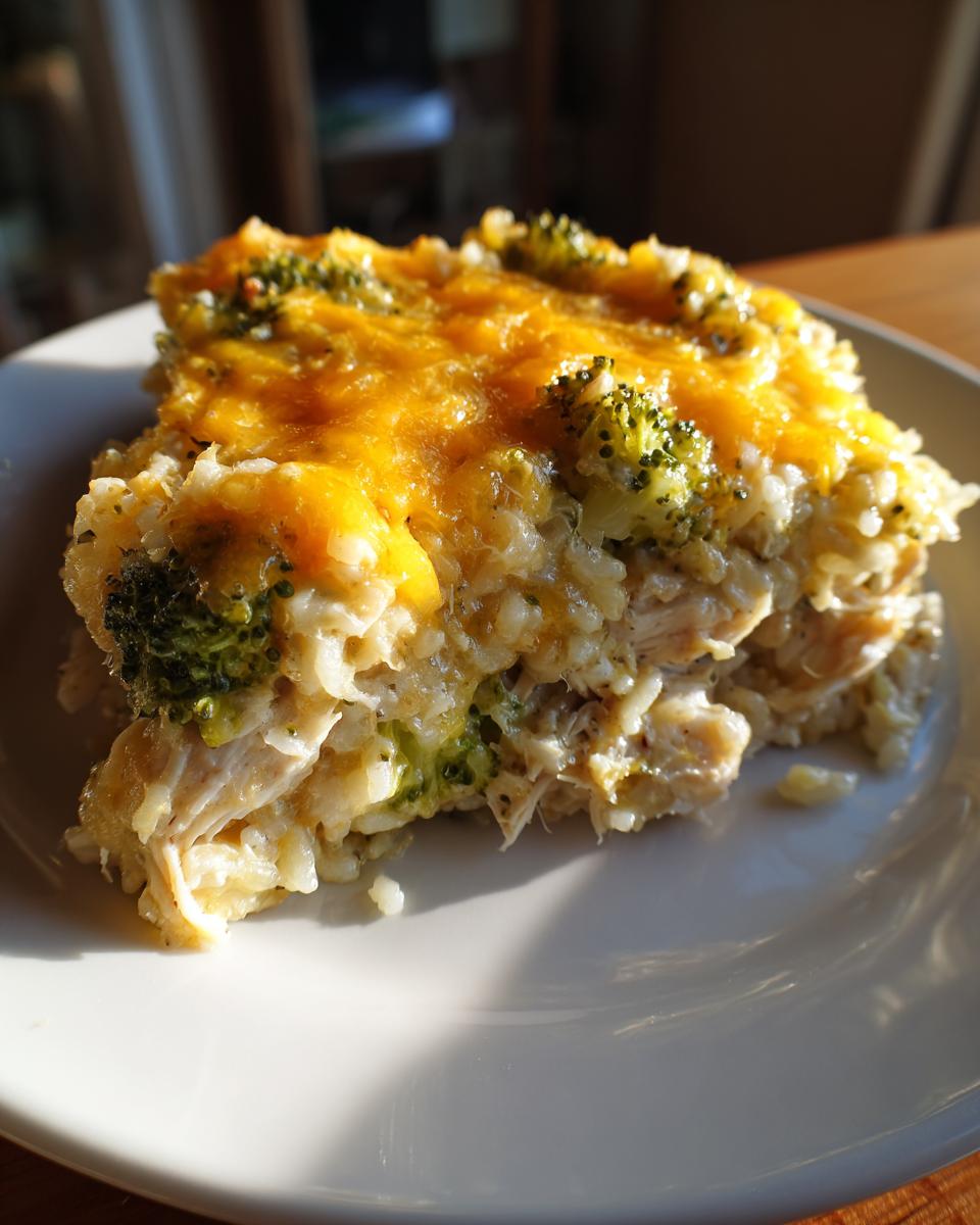 A close-up slice of creamy rice casserole with shredded chicken, broccoli florets, and melted cheddar cheese topping.