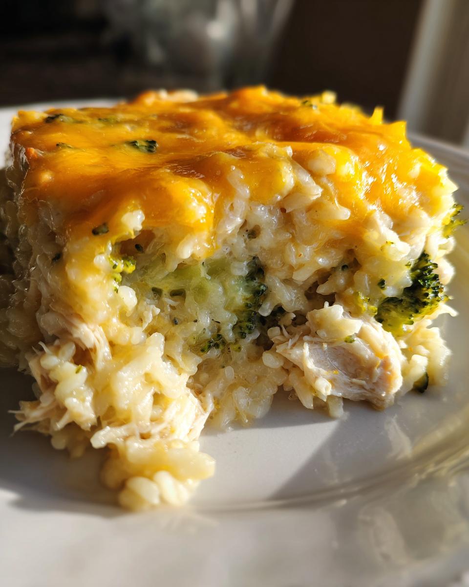 A close-up serving of creamy chicken and broccoli rice casserole topped with melted cheddar cheese.