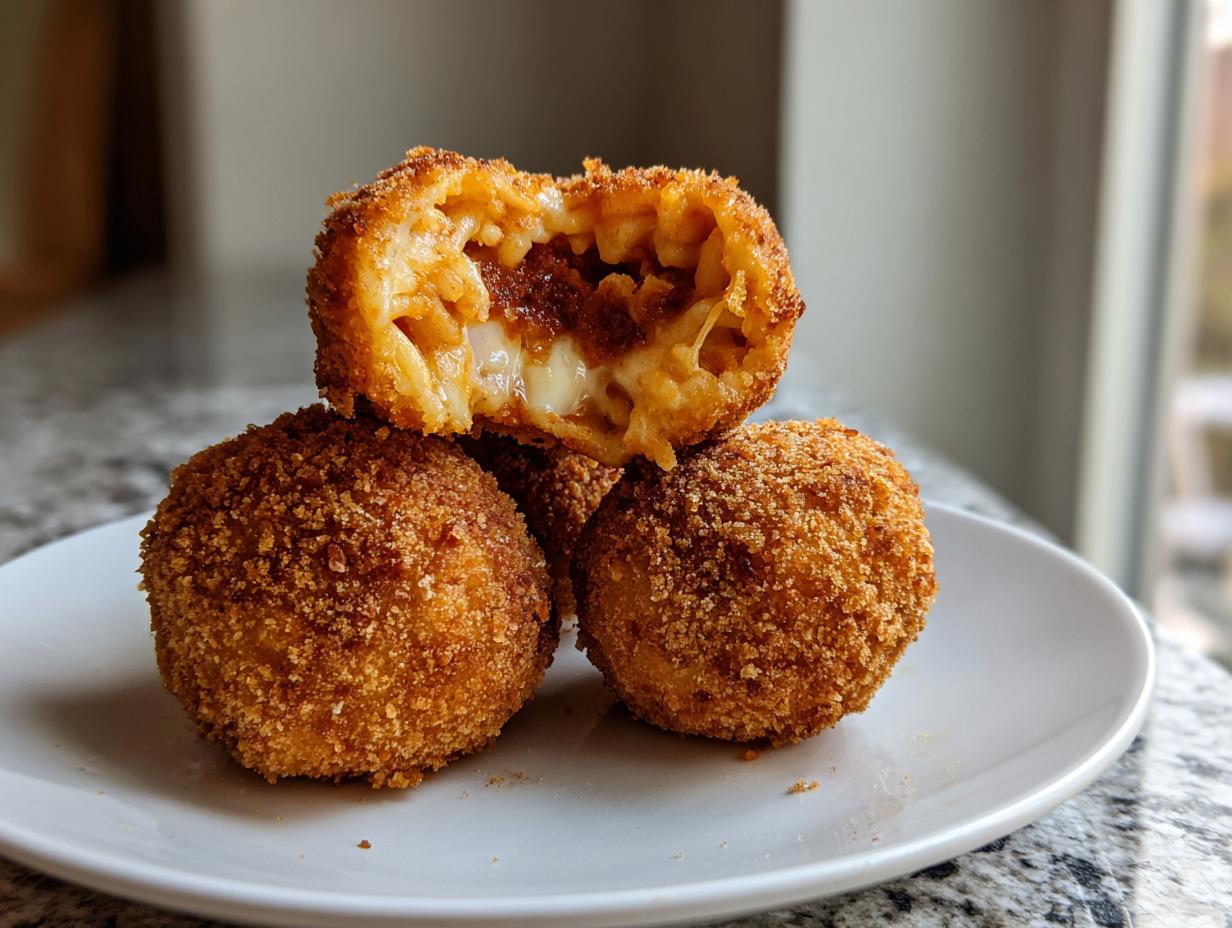 A stack of golden-brown, crispy fried rice balls, one cut open to show the melted cheese filling.