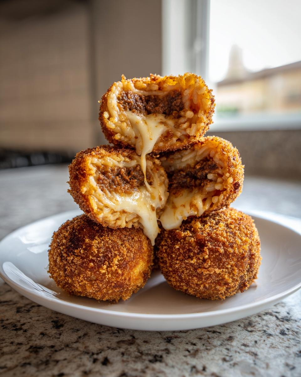 Stack of crispy fried rice balls cut open showing a savory filling and melted cheese oozing out.