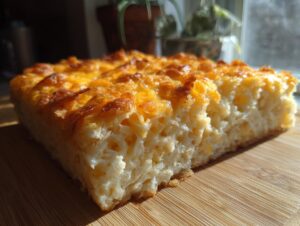 A thick slice of creamy, baked hashbrown casserole topped with melted, golden-brown cheese.