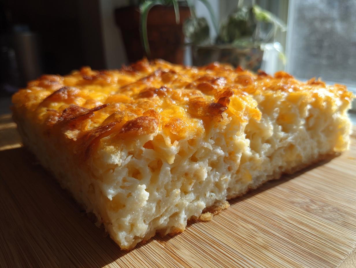 A thick slice of creamy, baked hashbrown casserole topped with melted, golden-brown cheese.