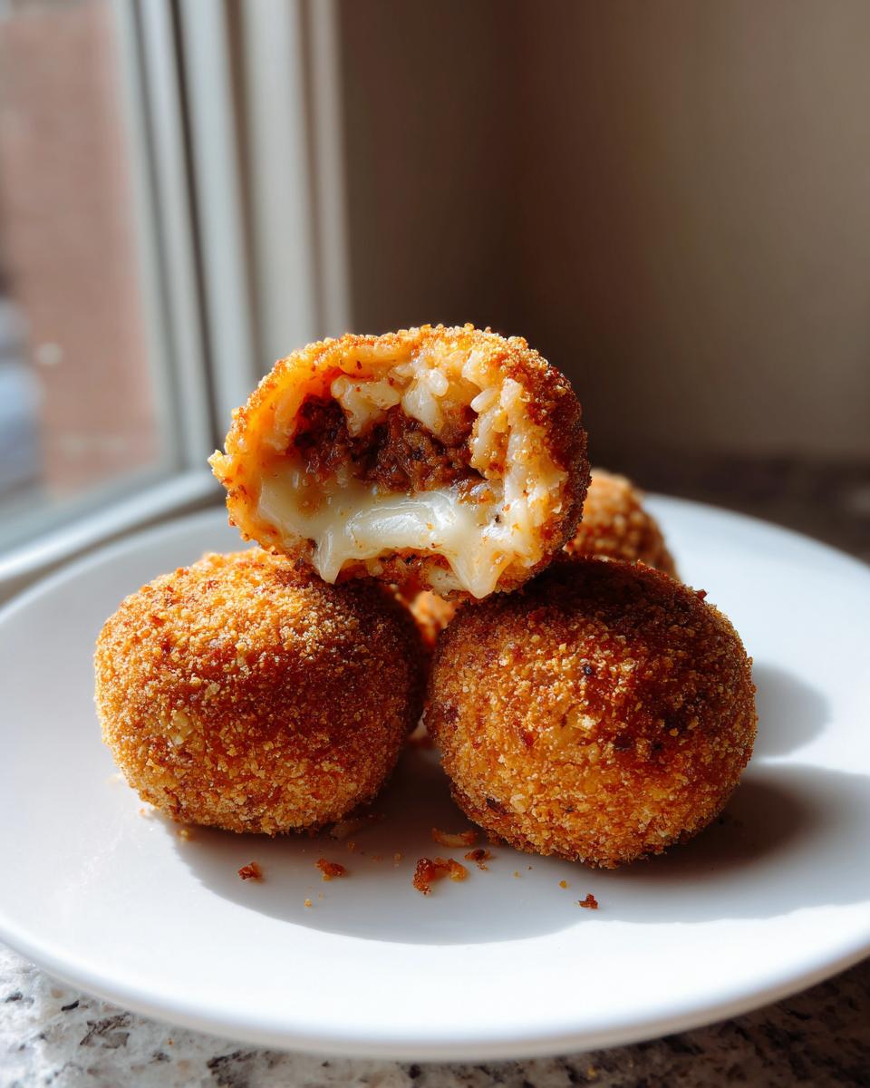Close-up of cheesy rice balls, one cut open showing melted cheese and meat filling inside the crispy coating.
