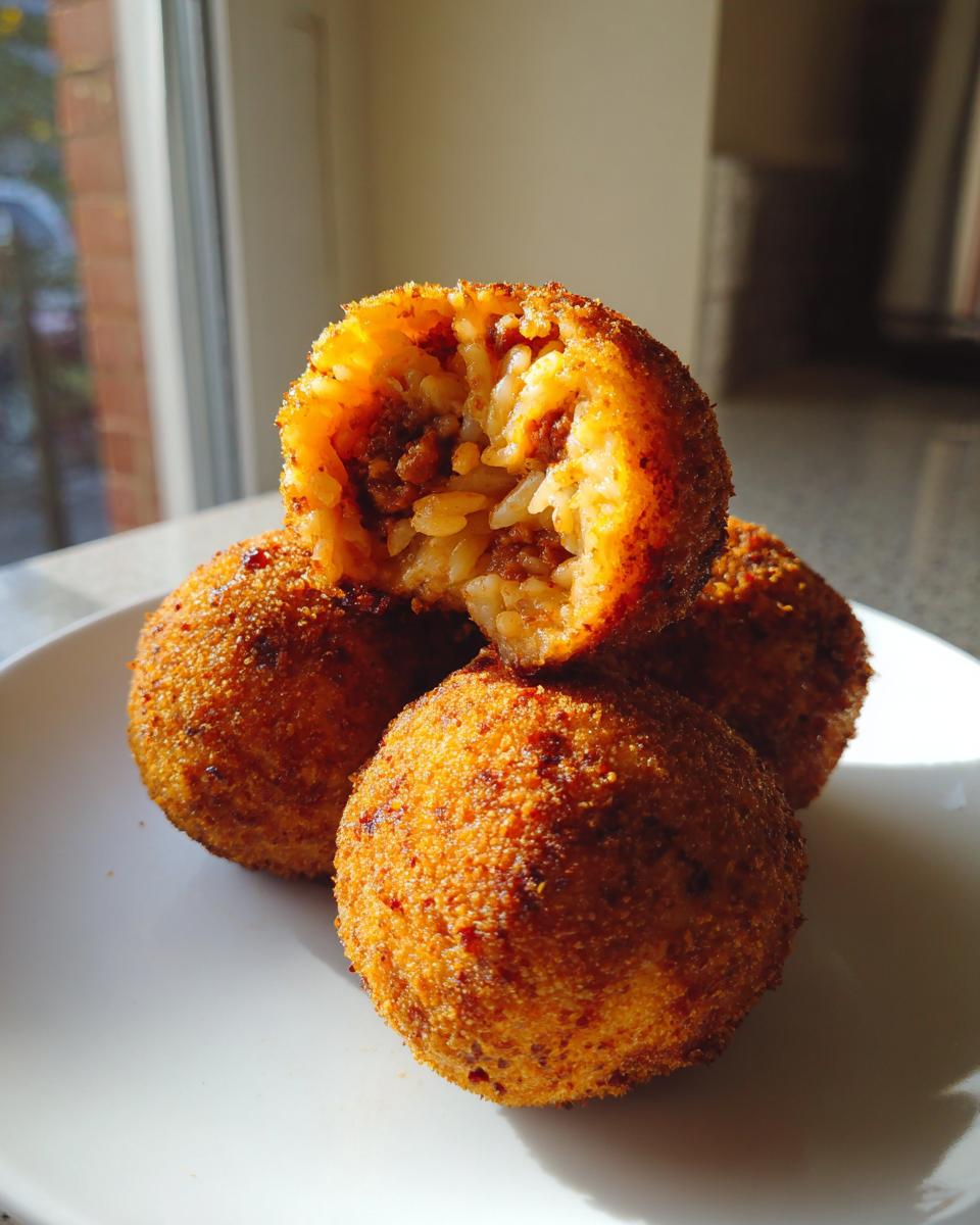 Close-up of golden brown, crispy rice balls stacked on a white plate, one cut open showing the cheesy rice and meat filling.