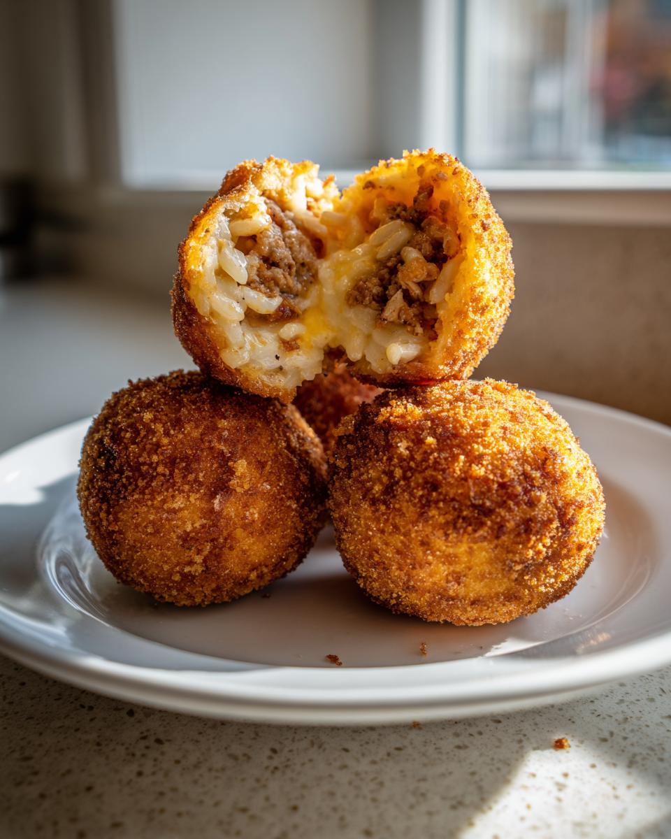 Close-up of golden brown, deep-fried rice balls stacked on a white plate, one cut open revealing cheesy filling.