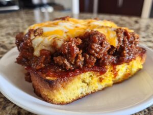Close-up of a thick slice of toasted bread topped with savory meat sauce and melted cheddar and Monterey Jack cheese for texas toast sloppy joes.
