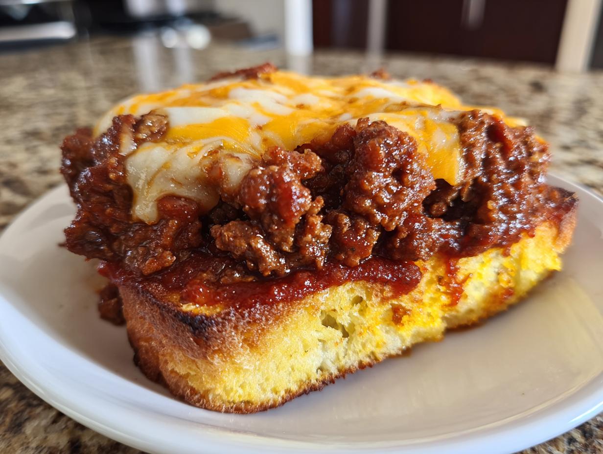 Close-up of a thick slice of toasted bread topped with savory meat sauce and melted cheddar and Monterey Jack cheese for texas toast sloppy joes.