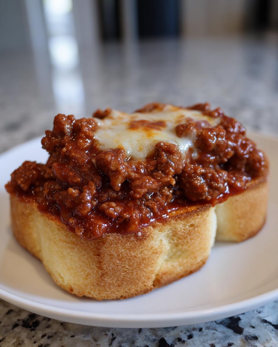 A close-up of cheesy texas toast sloppy joes featuring thick bread topped with savory meat sauce and melted mozzarella cheese.