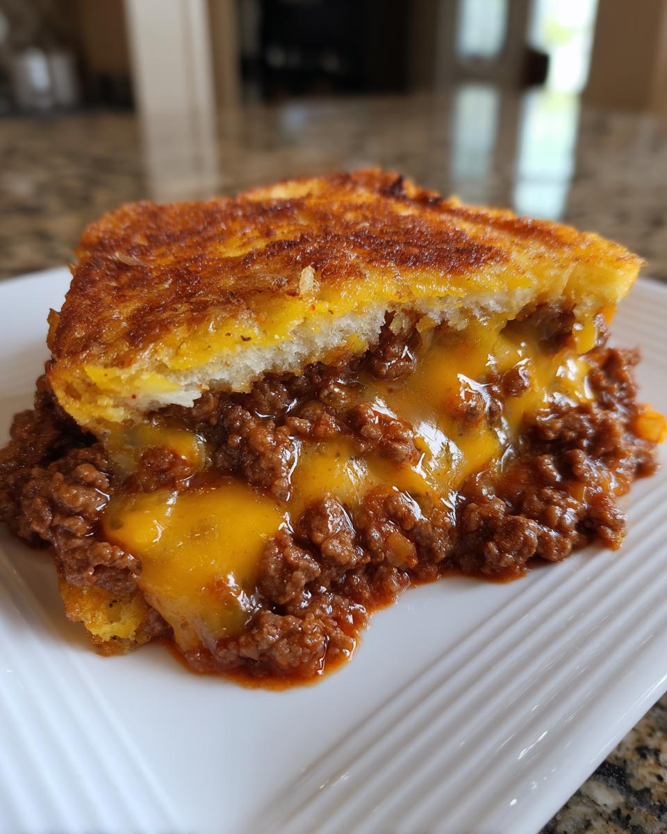 Close-up of a cheesy texas toast sloppy joes slice with melted cheddar oozing out onto a white plate.