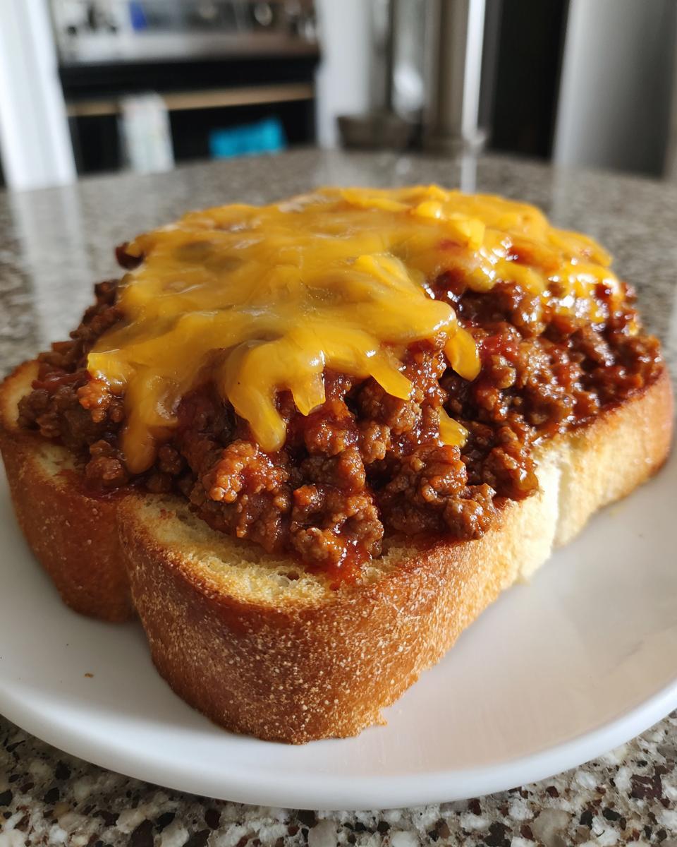 Close-up of an open-faced texas toast sloppy joes topped with melted cheddar cheese on a white plate.