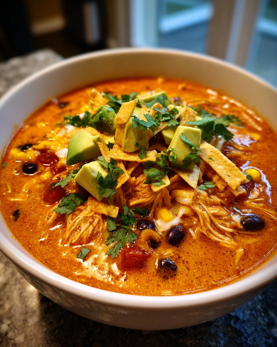 A close-up of a white bowl filled with rich, orange chicken tortilla soup, topped with avocado, tortilla strips, and cilantro.