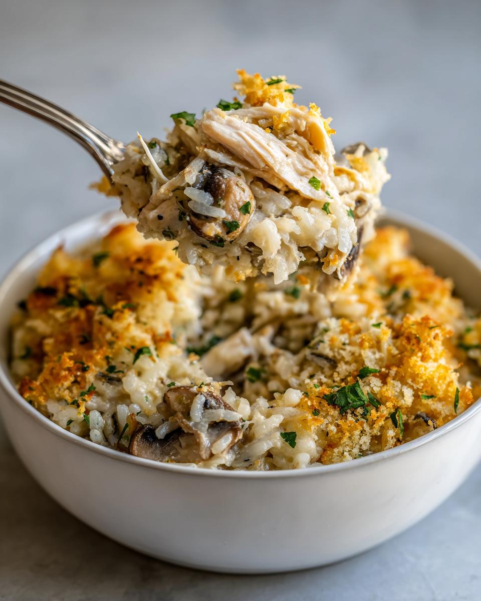 A fork lifts a bite of creamy chicken wild rice casserole, showing shredded chicken and mushrooms, above a bowl with a golden, crispy topping.