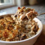 A spoonful of creamy chicken wild rice casserole showing shredded chicken, mushrooms, and crispy topping.
