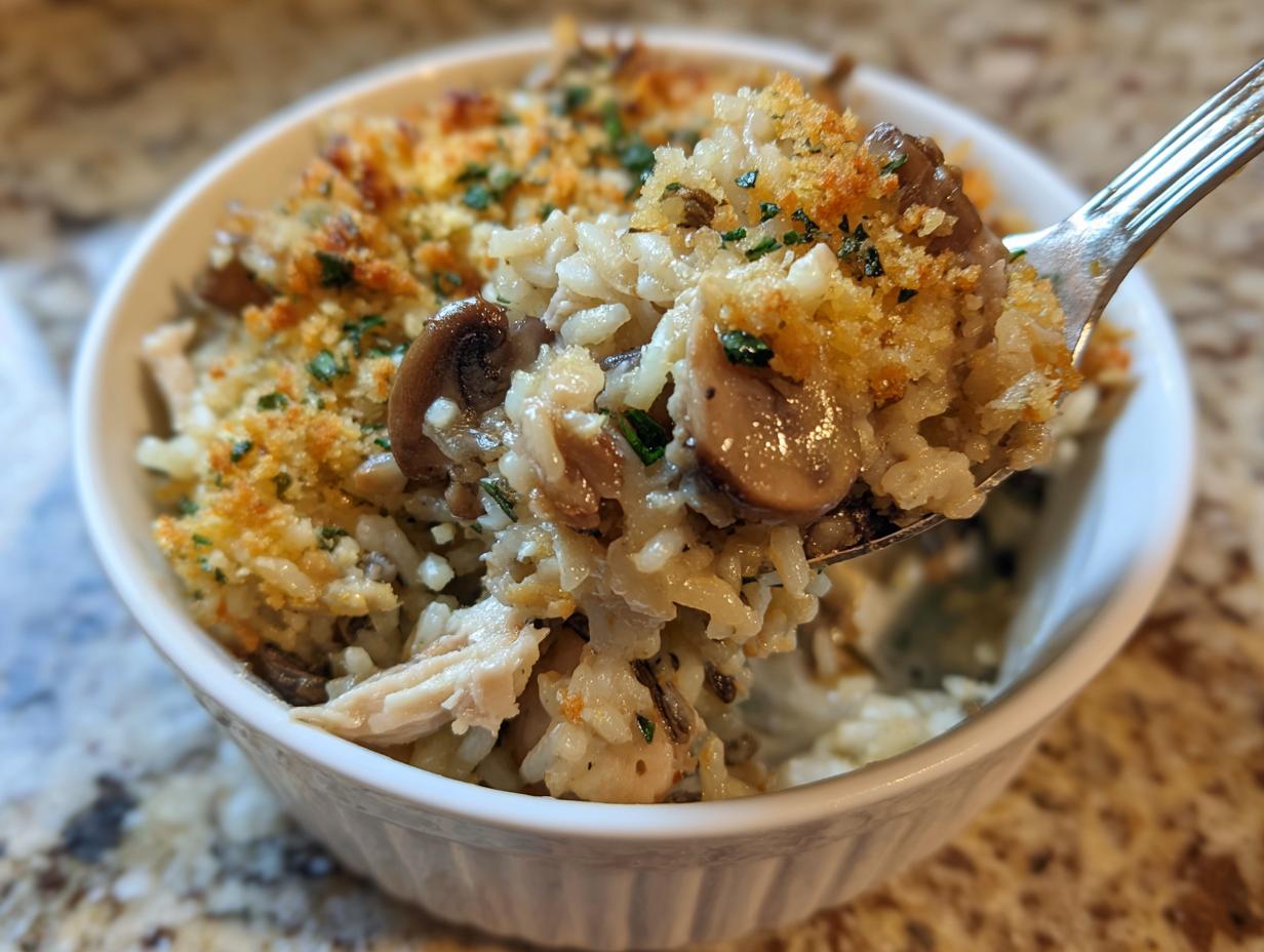 A spoonful of creamy chicken wild rice casserole topped with golden breadcrumbs and mushrooms being lifted from a white bowl.