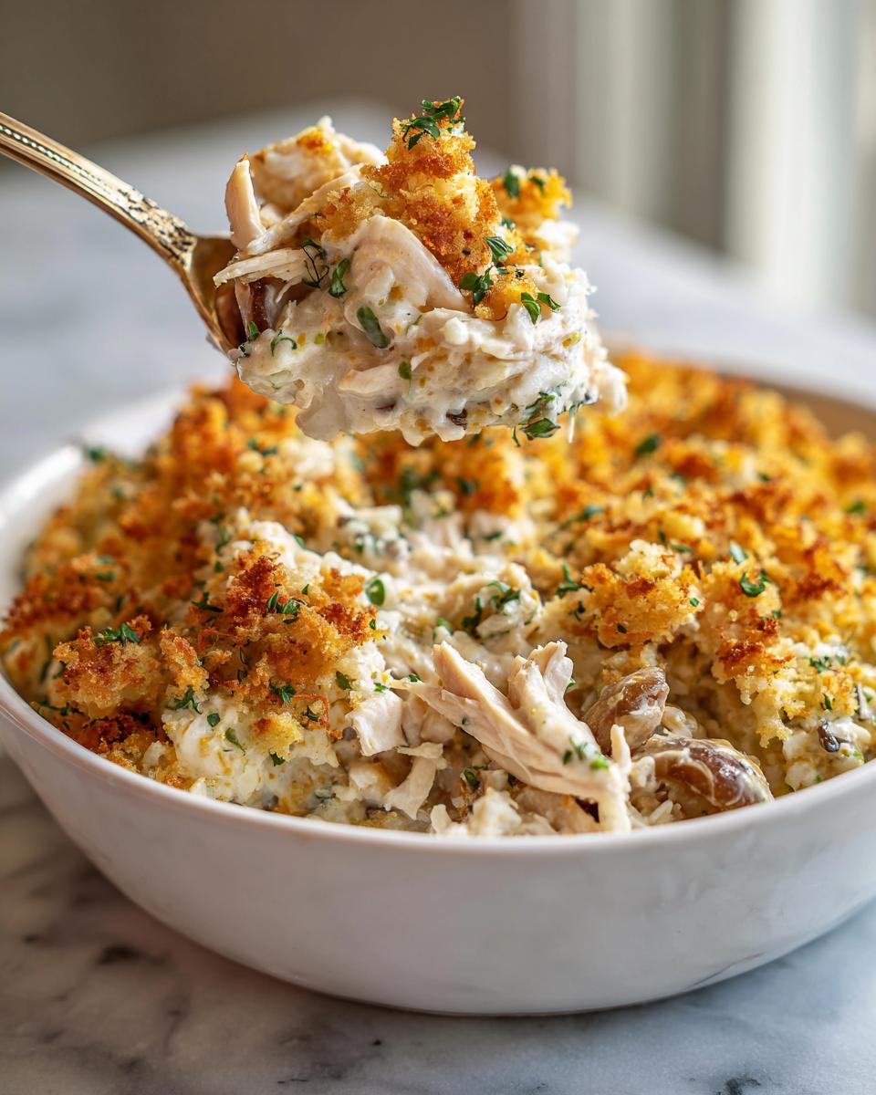 A golden spoon lifts a creamy portion of chicken wild rice casserole topped with crunchy breadcrumbs and parsley.