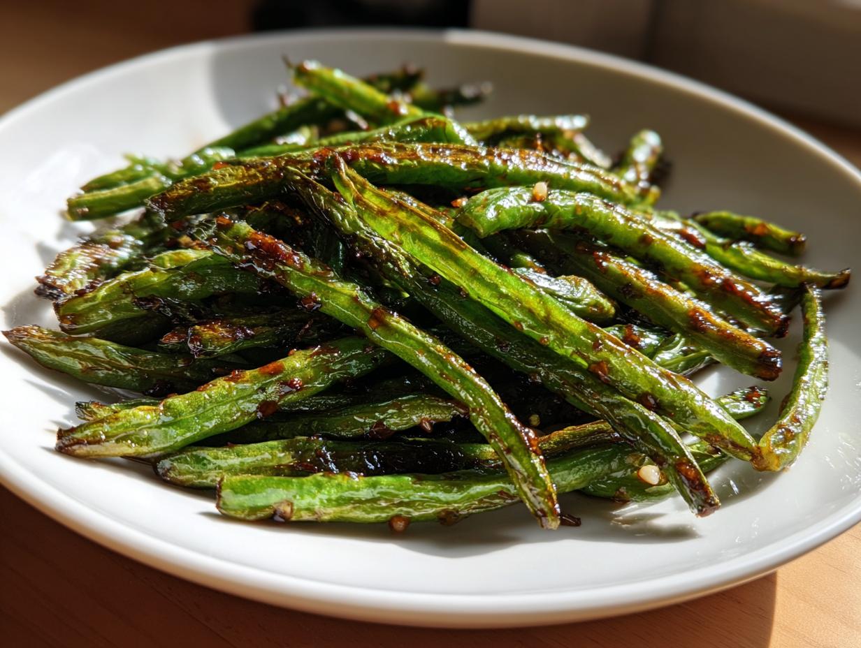 A plate of glossy, blistered chinese green beans with garlic sauce, perfectly cooked.