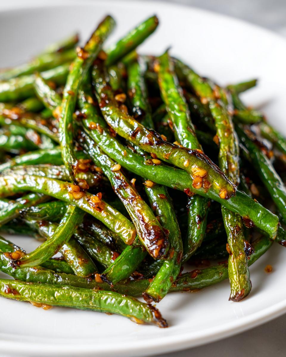 Close-up of glossy, blistered chinese green beans with garlic sauce and chili flakes on a white plate.
