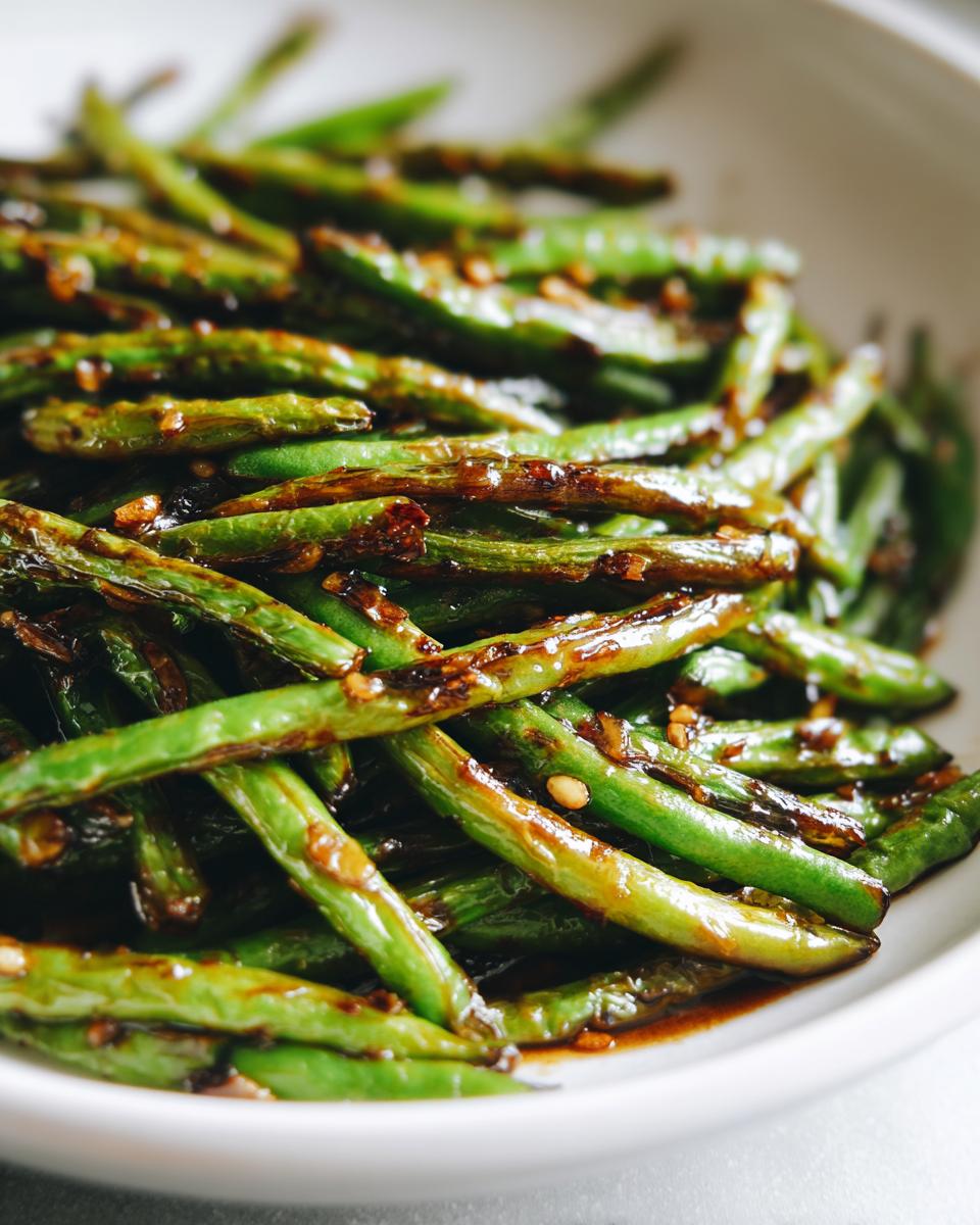 A close-up of vibrant green beans coated in a glossy, dark garlic sauce, ready to serve.