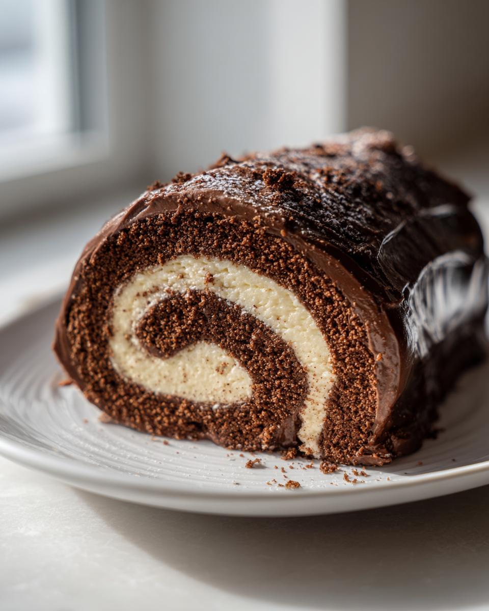 A close-up of a chocolate Bûche de Noël roll cake showing the rich dark sponge and creamy white swirl filling.