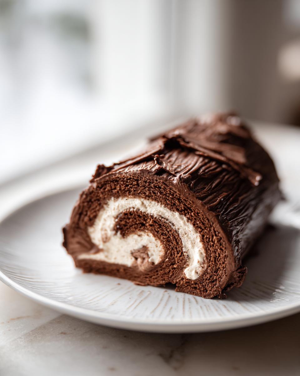 Cross-section of a chocolate Bûche de Noël roll cake showing a rich chocolate sponge and white cream swirl.