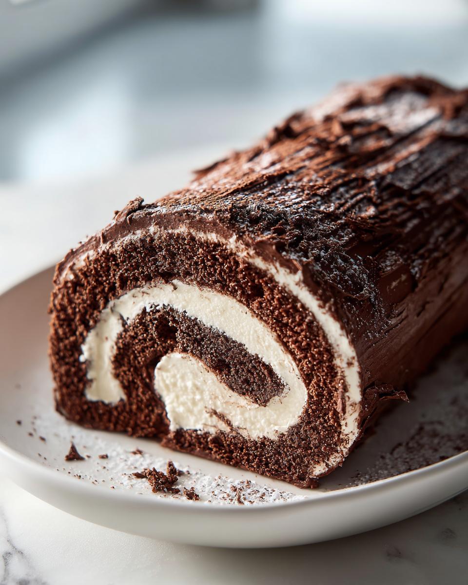 A cross-section slice of a rich chocolate Bûche de Noël cake with white cream filling, resting on a white plate.