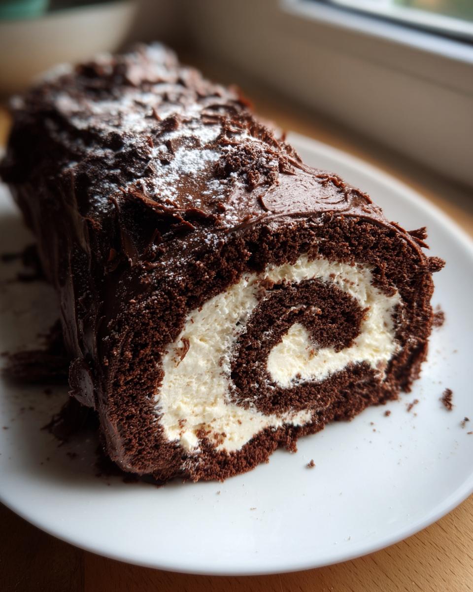 A cross-section of a rich chocolate Bûche de Noël showing a swirl of white cream filling, topped with chocolate frosting and powdered sugar.