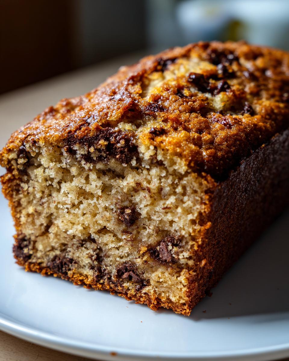 Close-up of a freshly baked chocolate chip banana bread recipe loaf with a golden crust and visible chocolate chips.
