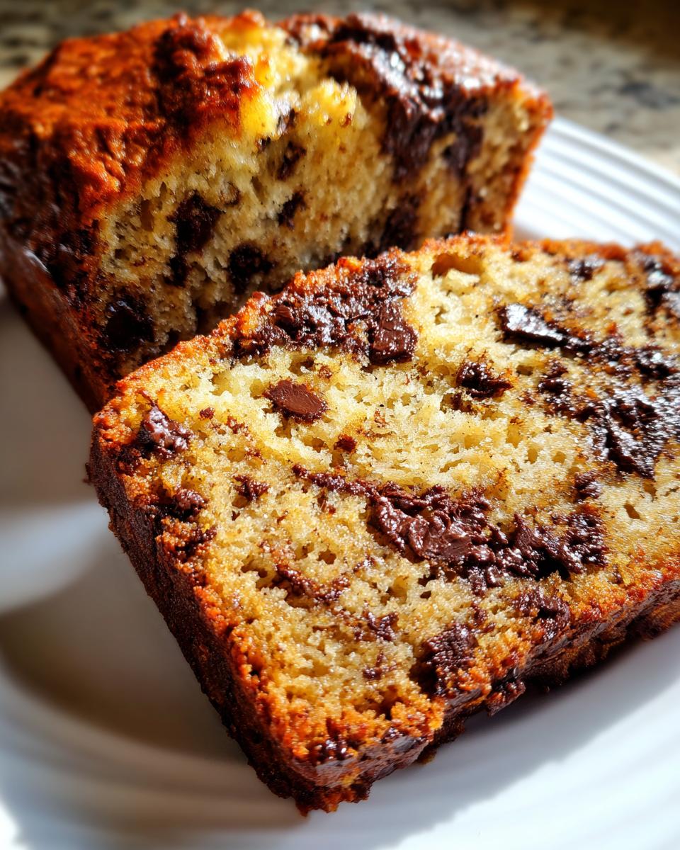 Close-up of a moist slice of chocolate chip banana bread showing melted chocolate chunks.