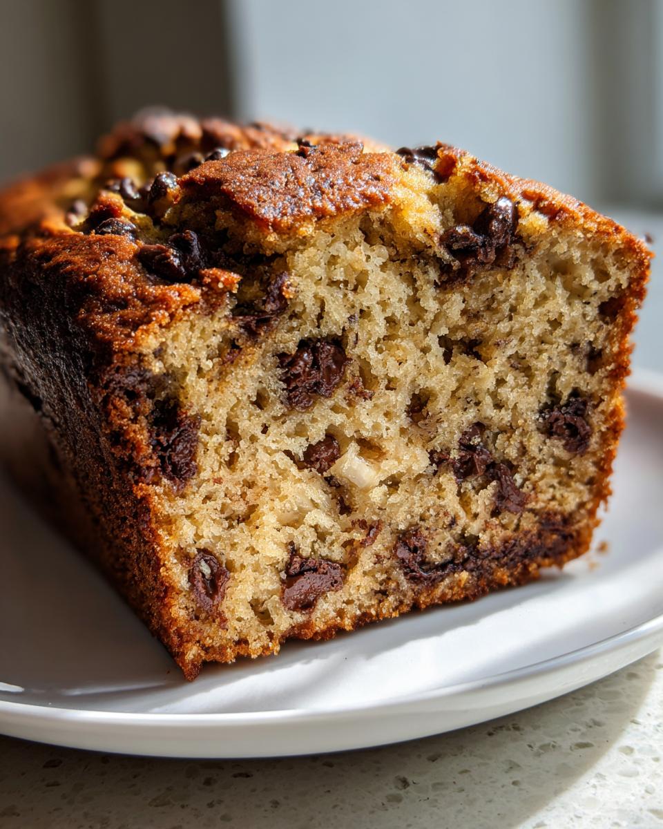 Close-up of a moist slice of chocolate chip banana bread showing the crumb and melted chocolate chips.