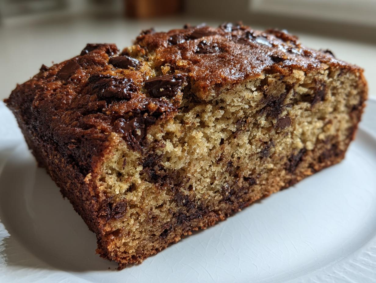 A close-up view of a moist slice from a chocolate chip banana bread recipe, showing rich texture and melted chips.